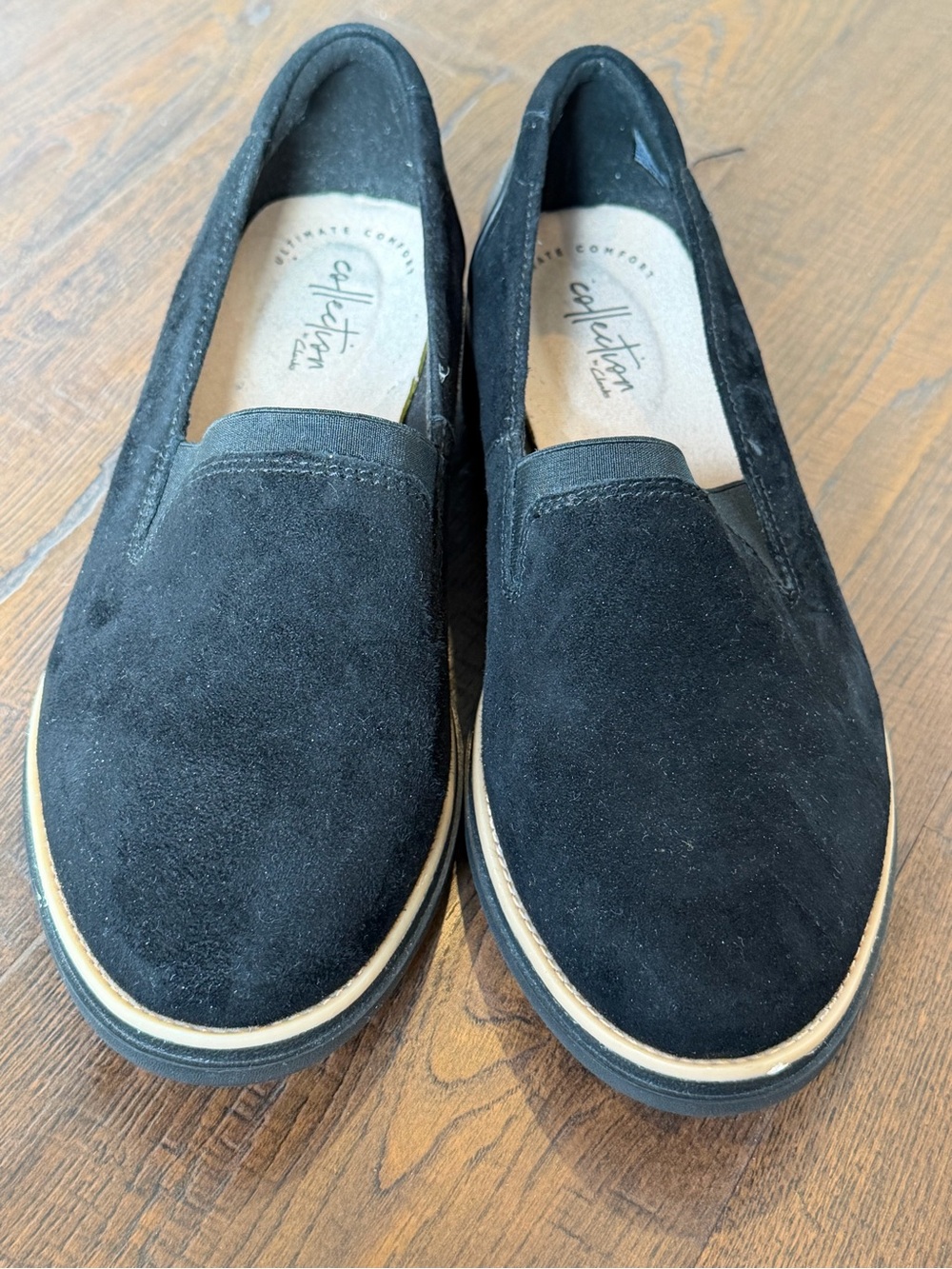 Clarks Black Suede Slip-On Loafers with Tan Trim